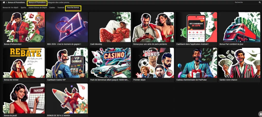 Bonus disponibles sur PariPulse